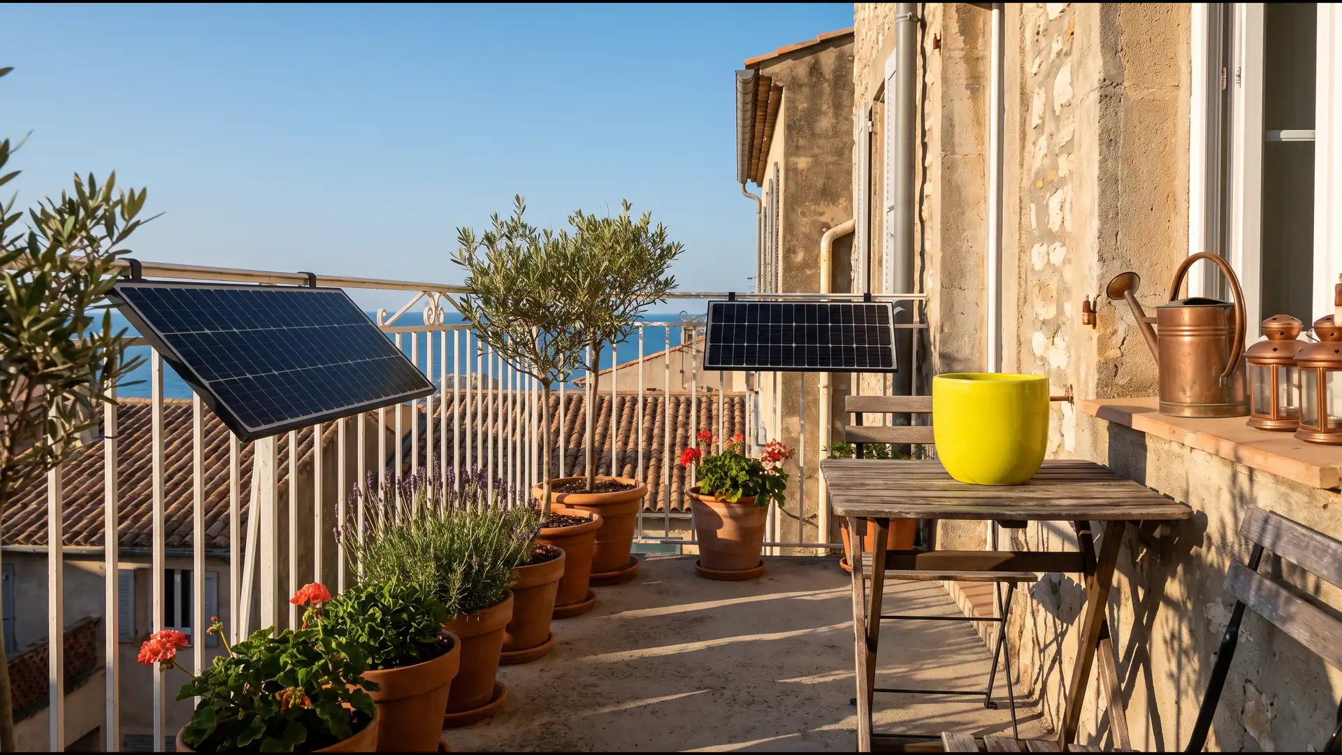 Dos paneles solares fijados a la barandilla de un balcón soleado